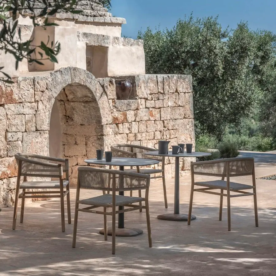 Superior Ethimo Enjoy Bistrot table in taupe with natural teak and matte finish