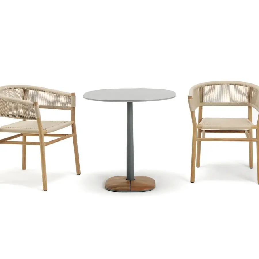 Elegant Ethimo Enjoy Bistrot table with matte grey tabletop and warm natural teak pedestal built with dark grey metal