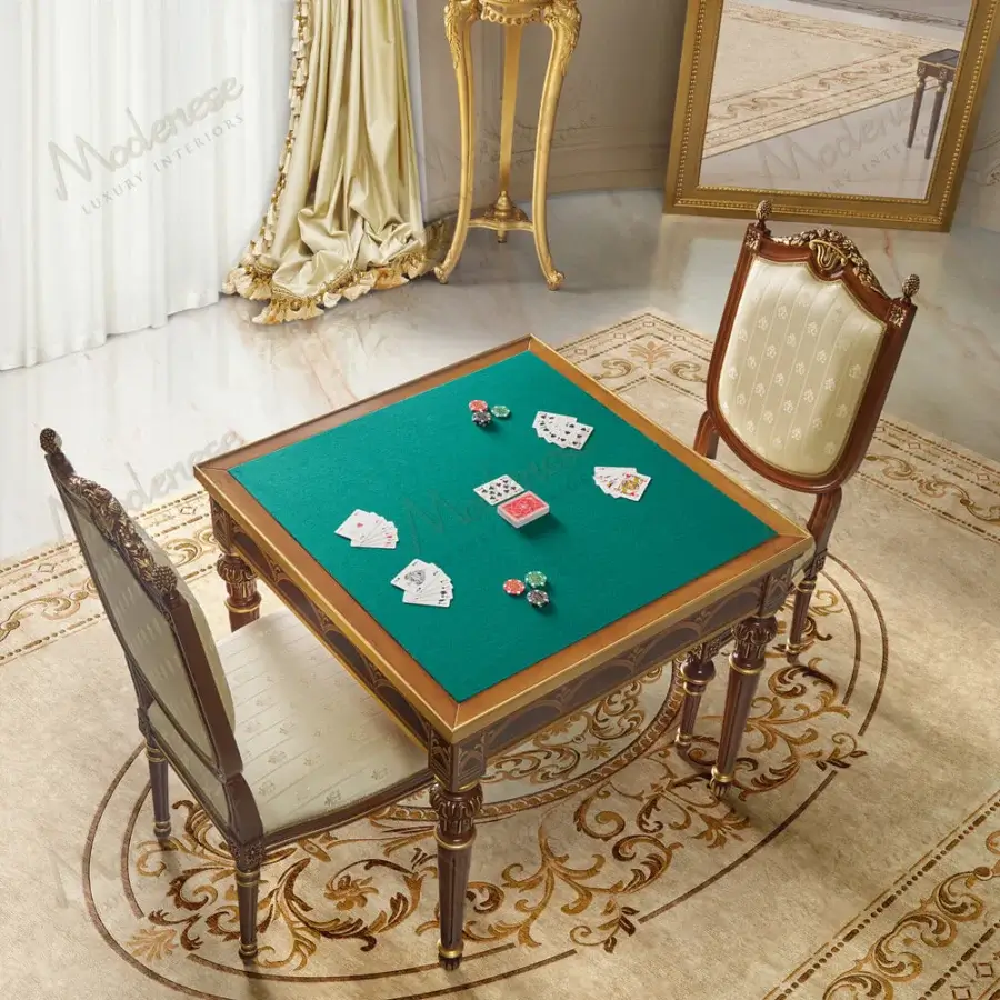 Lavish Modenese Luxury Furniture game table with wood inlays and glossy green playing surface crafted in Italy