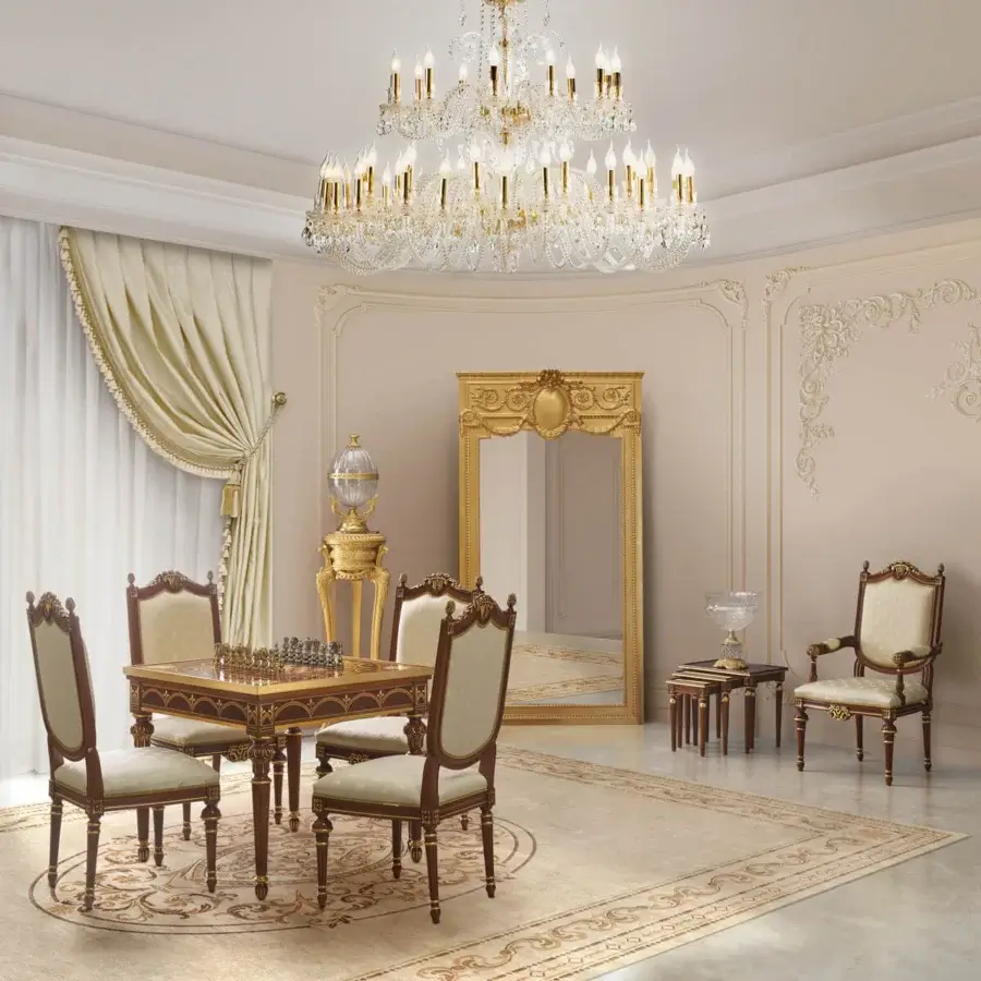 Distinguished Modenese Luxury Furniture game table crafted in Italy with wood inlays and a glossy, warm medium-brown finish
