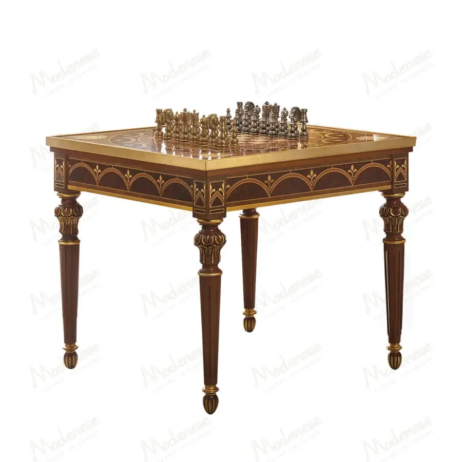 Exceptional Modenese Elite Game table crafted in Italy with wood inlays, glossy tabletop and satin-finished dark brown frame with gold detailing