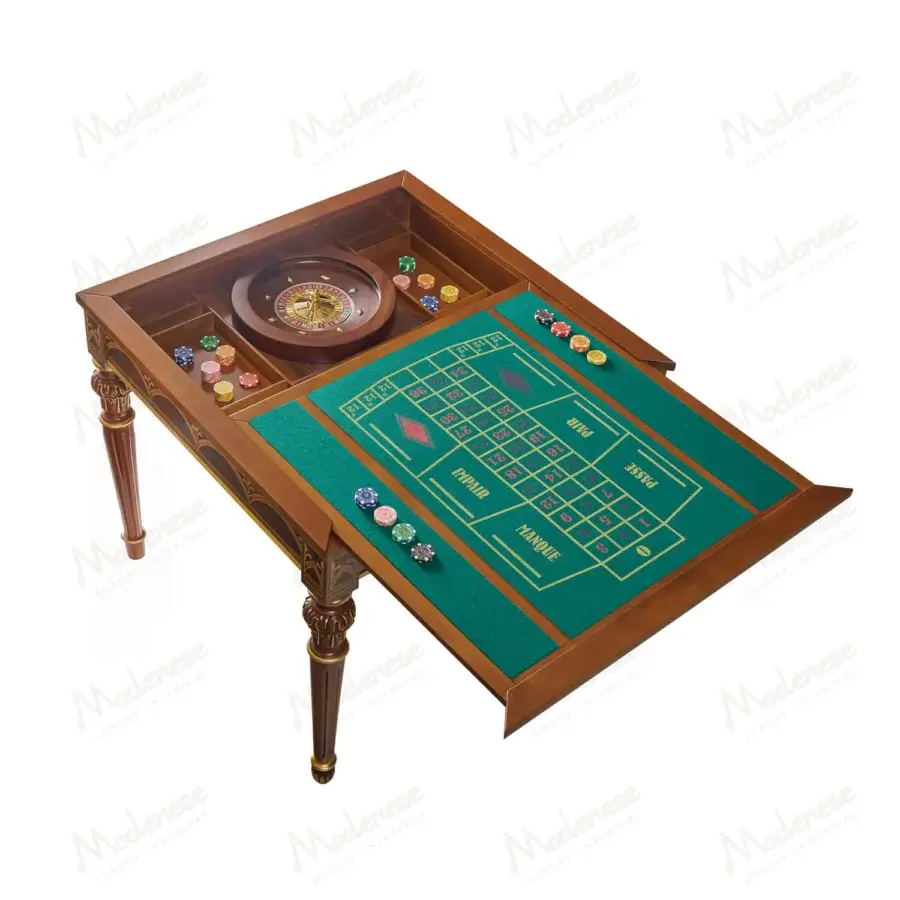 Superior Modenese Luxury Furniture game table crafted in Italy with wood inlays, glossy finish and vibrant green playing surface