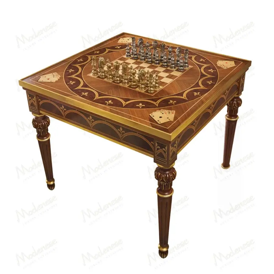 Lavish Modenese Luxury Furniture game table crafted in Italy with wood inlays and gilded accents, exhibiting a classic finish