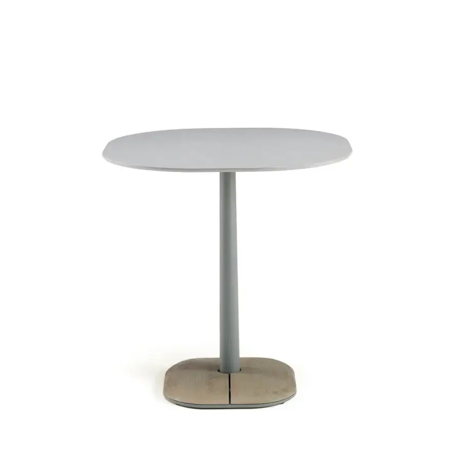 Exceptional Ethimo Enjoy Bistrot table with matte light gray tabletop and textured matte beige natural teak base crafted in Italy