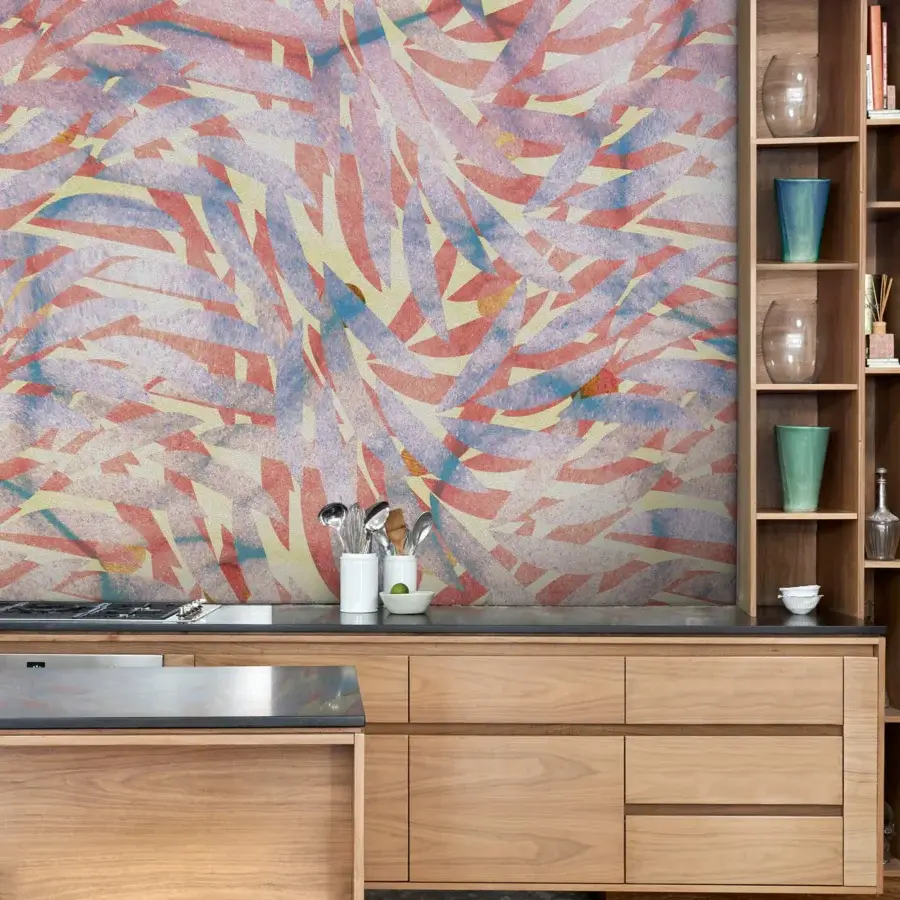 Sophisticated Wall&Decò Underwater wallpaper with abstract aquatic plants in coral, lavender, and beige watercolor tones with matte finish
