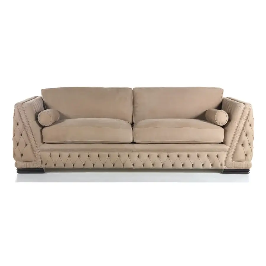 Exceptional Zanaboni Giada sofa with neutral beige plush fabric, skilled capitonné upholstery and satin finished solid wood frame
