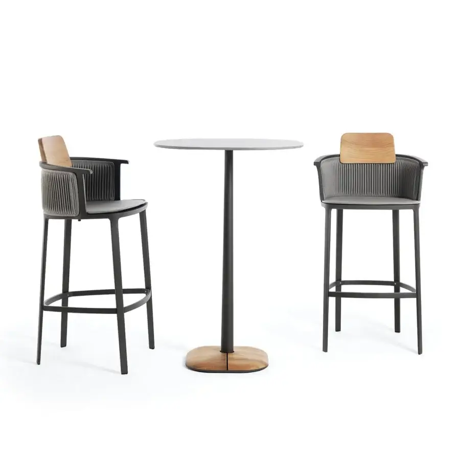 Distinguished Ethimo Enjoy Bar Table with dark gray metal conical base and natural teak cover paired with woven seats and wood armrests