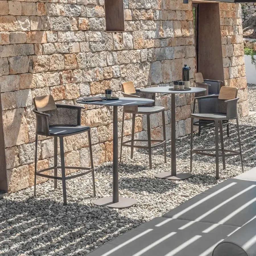 Elegant Ethimo Enjoy Bar Table with matte gray tabletop and satin-finish metal conical base