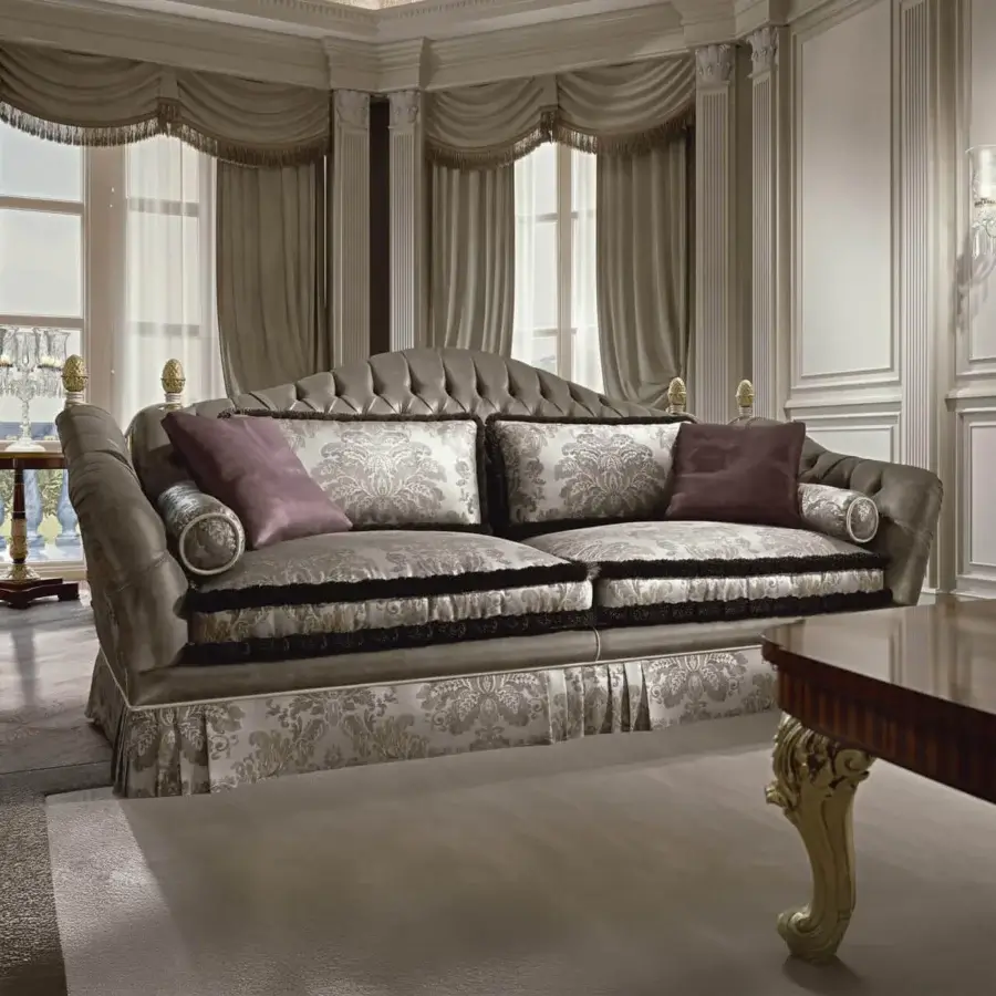 Exquisite Zanaboni Lara sofa with muted gray patterned damask upholstery and gold detailing crafted in solid wood