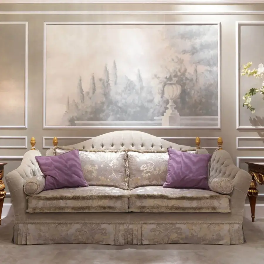 Lavish Zanaboni Lara sofa with cream and pale gold damask fabric, satin finish and delicate gold details