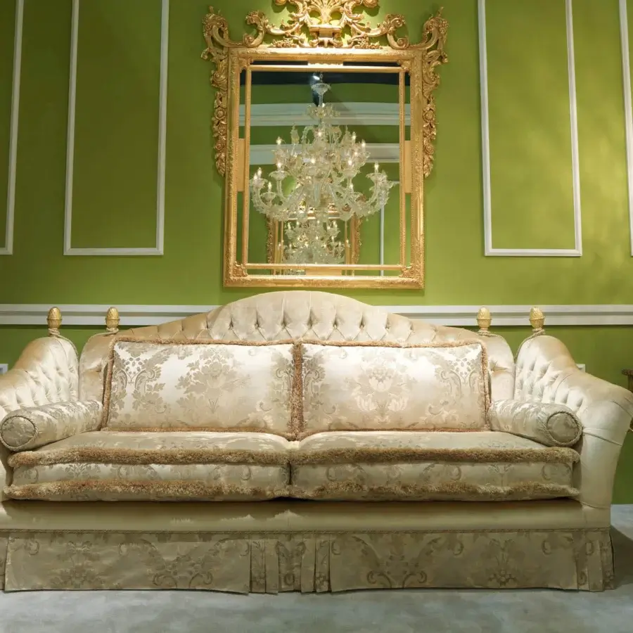 Exclusive Zanaboni Lara sofa with cream, gold and pale green damask upholstery and capitonné padding