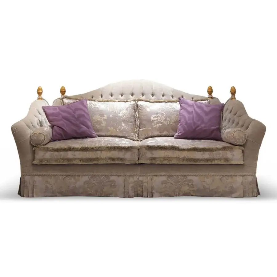 Superior Zanaboni Lara sofa with taupe textile, gold details, capitonné padding and lavender damask cushions