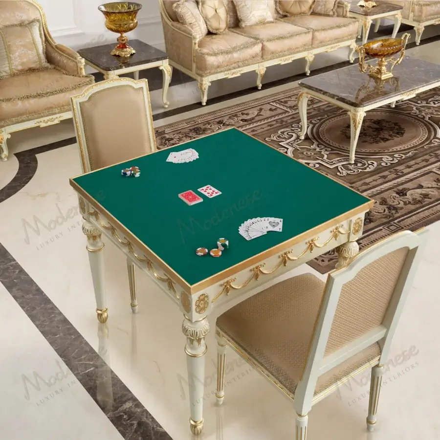 Superior Modenese Royal Symphony game table with creamy off-white wood, deep green felt and gold-toned metal accents in gloss finish