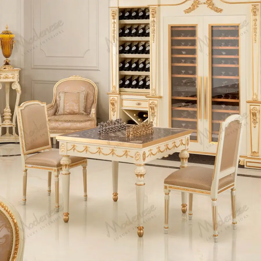 Lavish Modenese Royal Symphony game table crafted in Italy with ornate gold detailing and dark patterned inlaid tabletop with glossy finish