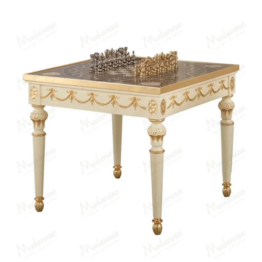 Distinguished Modenese Royal Symphony game table with cream inlaid tabletop and sculpted gold-toned frame crafted in Italy with glossy finish
