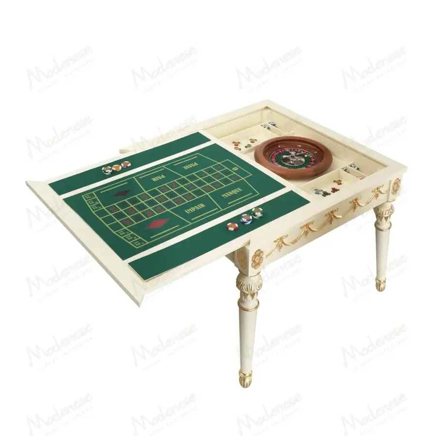 Exquisite Modenese Royal Symphony game table crafted in cream wood with gold accents and green felt surface