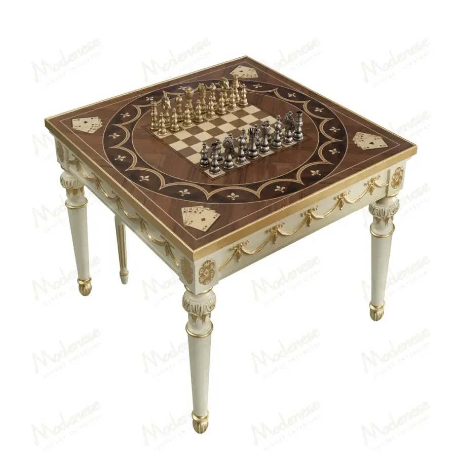 Superior Modenese Royal Symphony game table in inlaid wood with glossy finish and gold-toned metal details