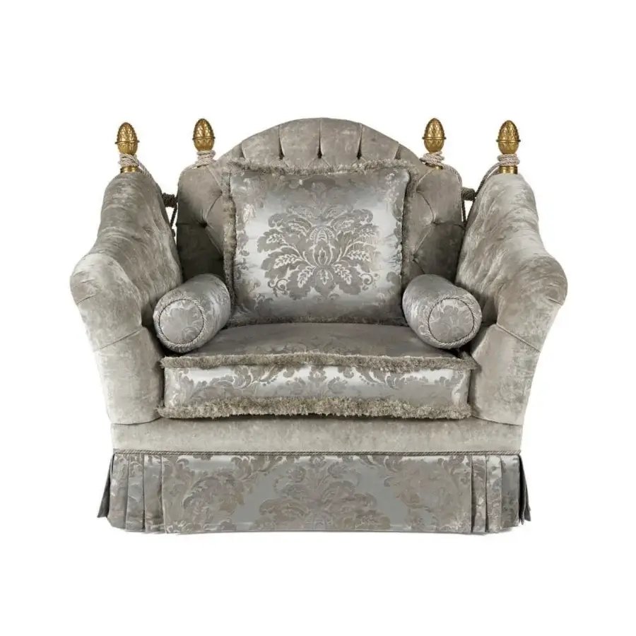 Distinguished Zanaboni Lara lounge chair crafted with plush gray textile and ornate gold-toned details