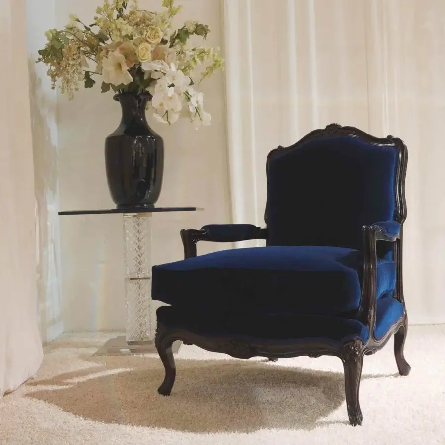 Timeless Zanaboni Luigi XV lounge chair with plush deep blue velvet upholstery and dark glossy wood finish