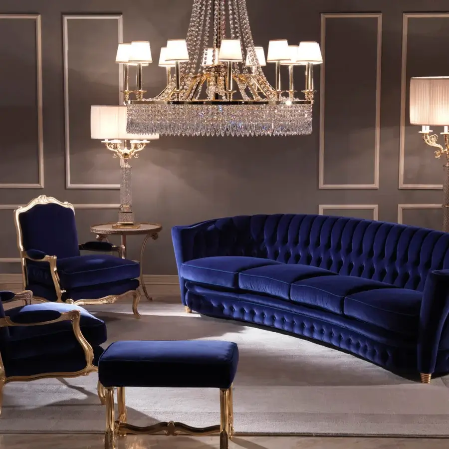 Exquisite Zanaboni Luigi XV lounge chair with royal blue textile upholstery and glossy golden carved wood finish