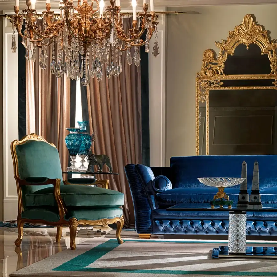 Distinguished Zanaboni Luigi XV lounge chair with deep teal textile upholstery and glossy golden solid wood frame