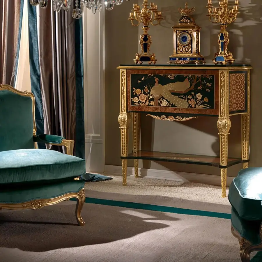 Lavish Zanaboni Luigi XV lounge chair with deep teal textile upholstery and glossy golden carved solid wood finish