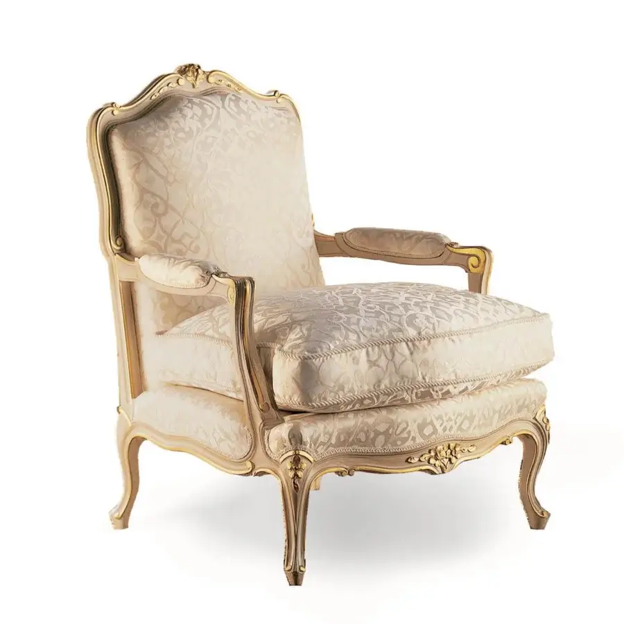 Distinguished Zanaboni Luigi XV lounge chair with creamy off-white textile upholstery and glossy golden carved solid wood frame