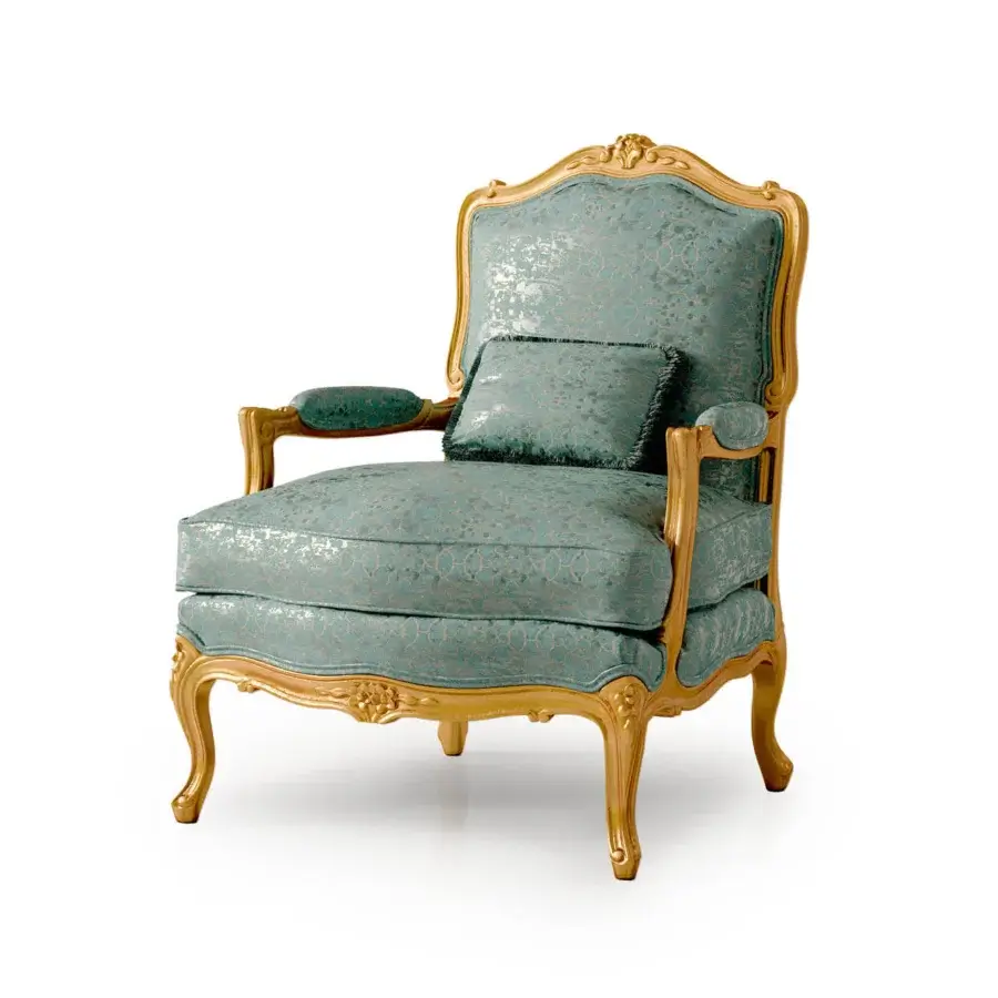 Exquisite Zanaboni Luigi XV lounge chair with muted teal textile upholstery and glossy golden solid wood frame