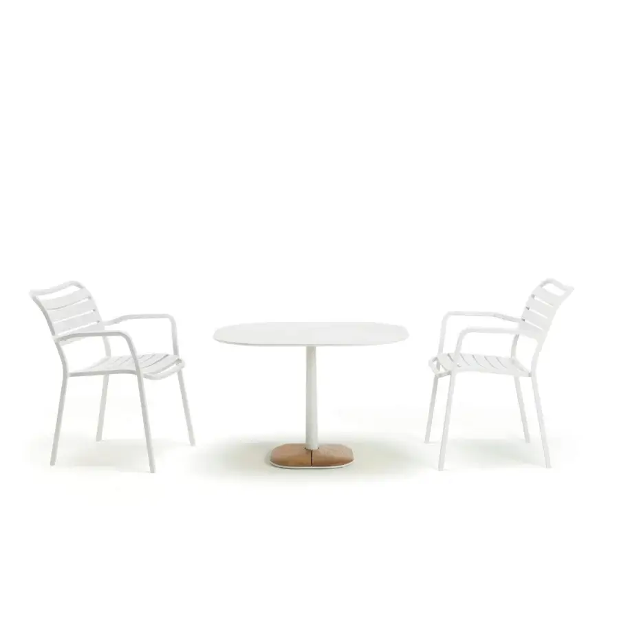 Elegant Ethimo Enjoy lounge table with conical metal structure and matte white ceramic tabletop in warm natural teak