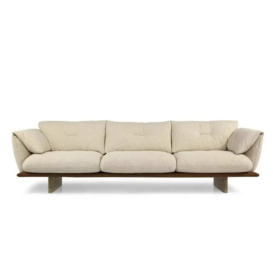 Exceptional Borzalino Connor sofa with neutral beige textured textile upholstery and satin-finish wood base