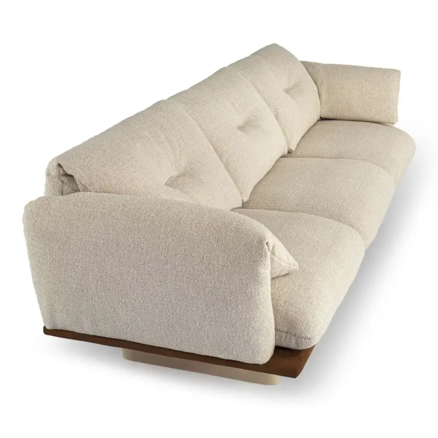 Innovative Borzalino Connor sofa with textured matte beige textile upholstery and satin-finish wood base
