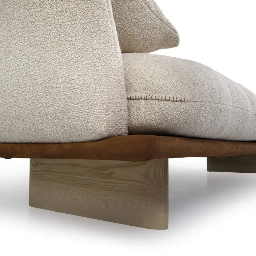 Superior Borzalino Connor sofa with textured beige woven fabric upholstery and dark brown leather base construction