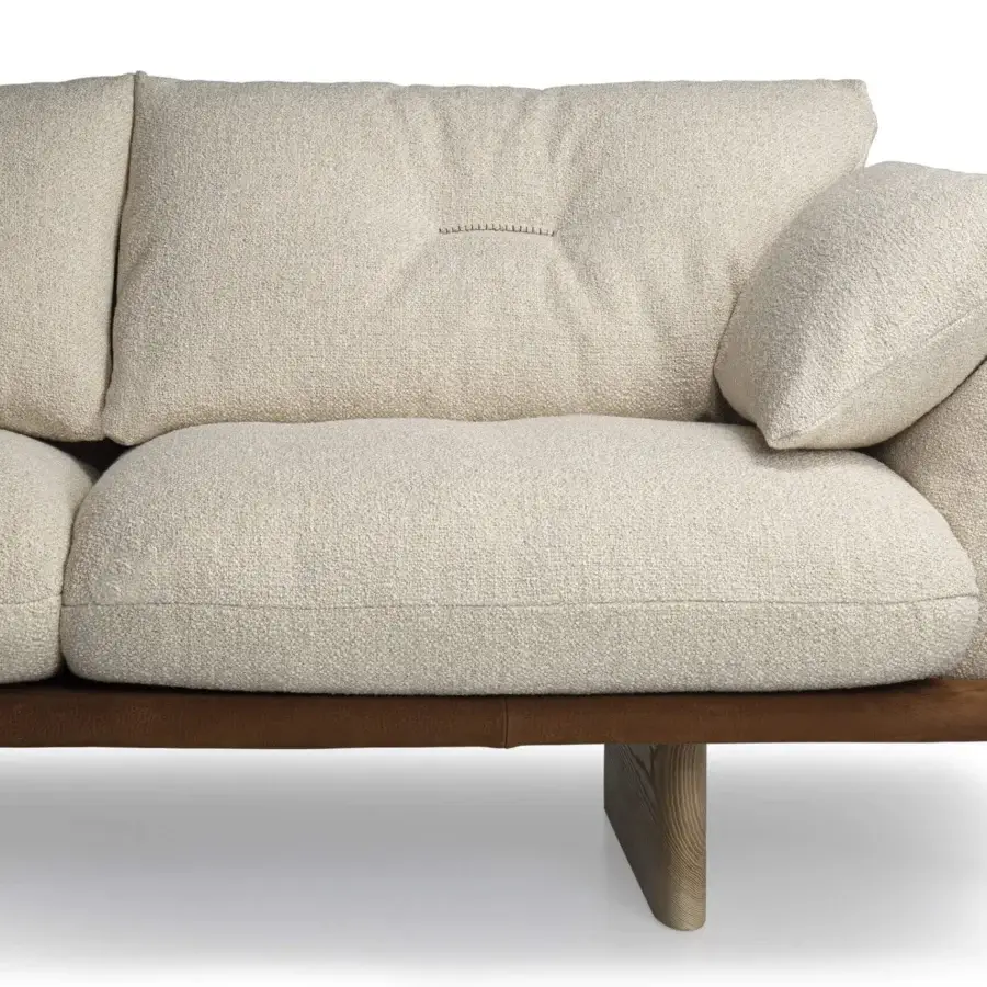 Exceptional Borzalino Connor sofa with textured neutral beige textile upholstery and sleek satin-finish wood base