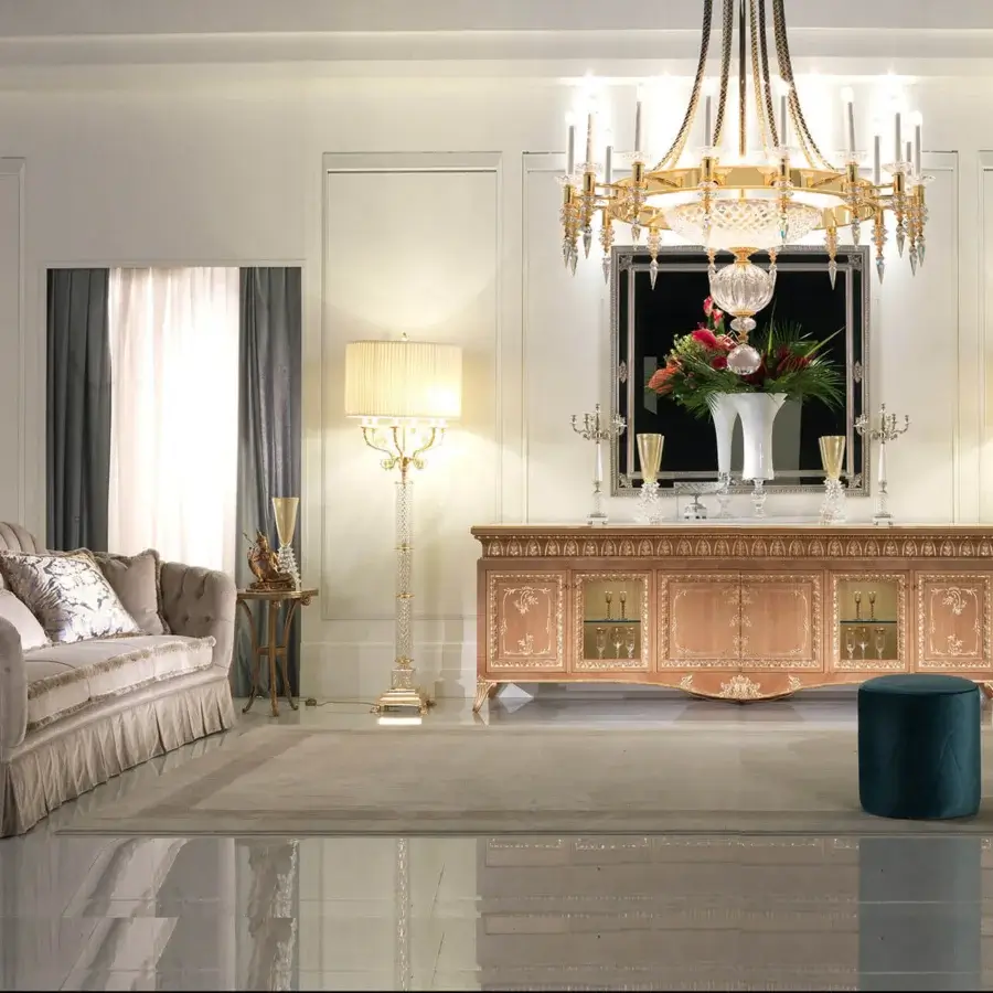 Lavish Zanaboni Madison sofa with beige capitonné upholstery, pleated textiles and gold-toned trim detailing