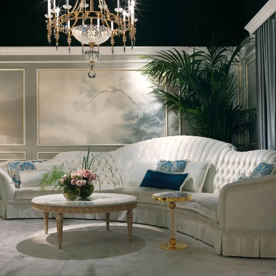 Distinguished Zanaboni Madison sofa with off-white capitonné upholstery, pale blue cushions and generous curves