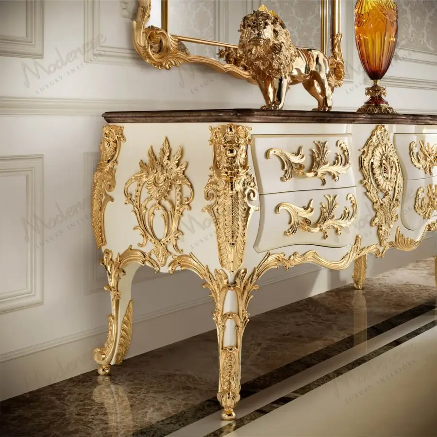 Distinguished Modenese Midnight Moon sideboard crafted in Italy with white wood, gold leaf detailing and sculpted marble top