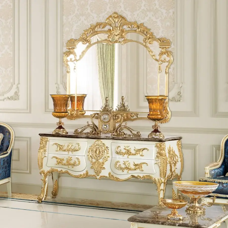 Lavish Modenese Midnight Moon sideboard crafted in Italy with white structure, dark marble top and opulent gold leaf detailing