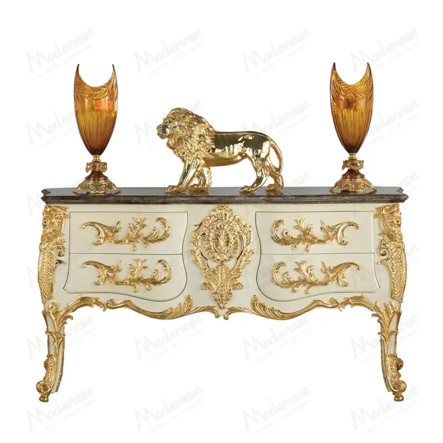 Distinguished Modenese Midnight Moon sideboard crafted in Italy with white structure, gold leaf detailing and marble top