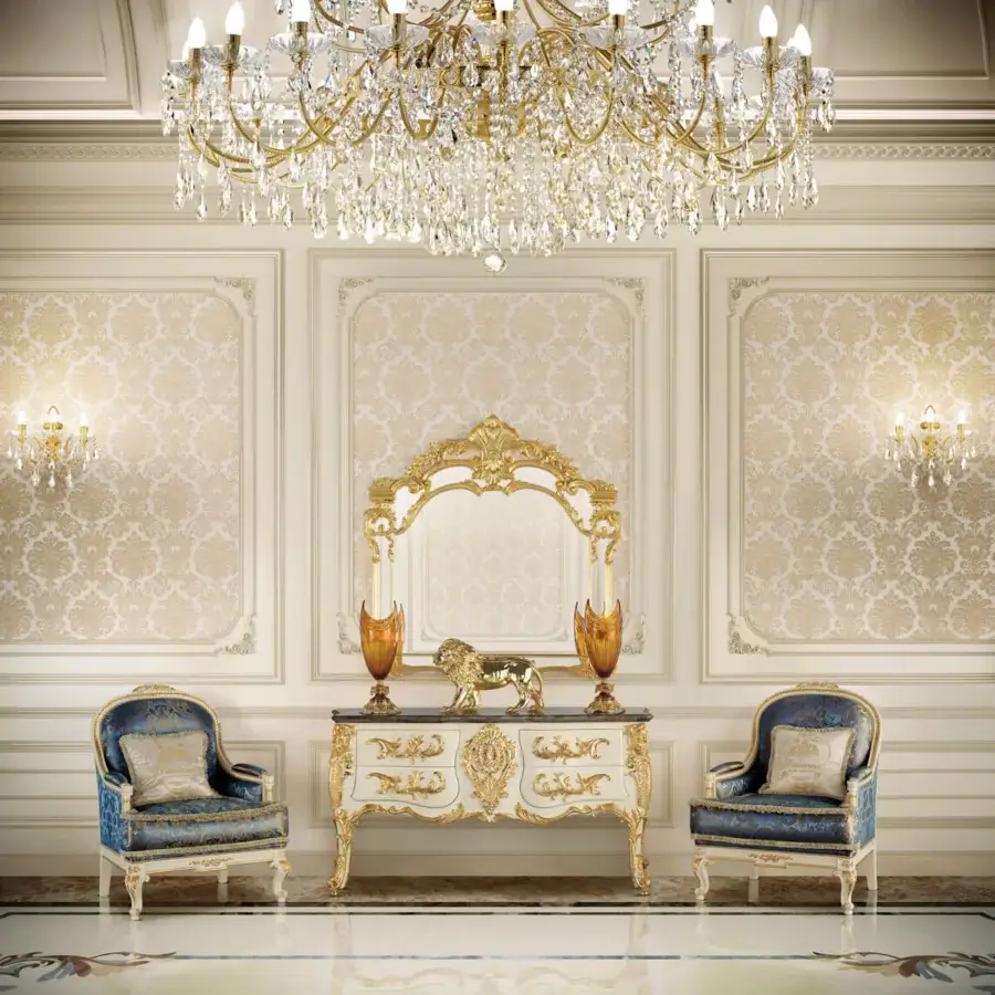 Lavish Modenese Midnight Moon sideboard crafted in Italy with white wood, gold leaf detailing and a marble top with glossy finish