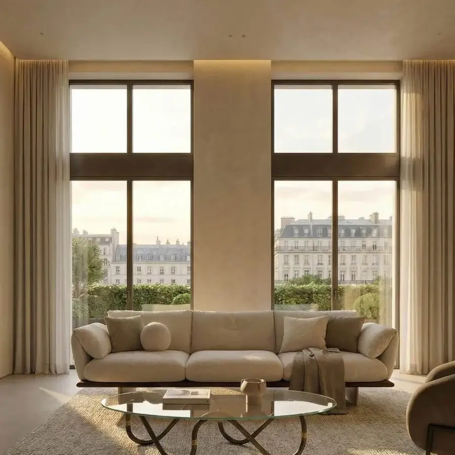 Superior Borzalino Connor sofa upholstered in textured beige textile with a leather-covered base presenting a contemporary aesthetic