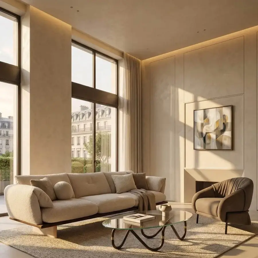 Cutting-edge Borzalino Connor sofa crafted in Italy with textured beige textile and leather accents
