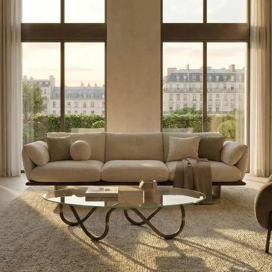 Distinguished Borzalino Connor sofa upholstered in matte neutral beige textile with a dark-toned base crafted in Italy