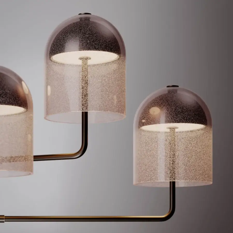Exceptional VENICEM Doma chandelier with eight bell-shaped Murano glass shades and warm gold tubular metal arms