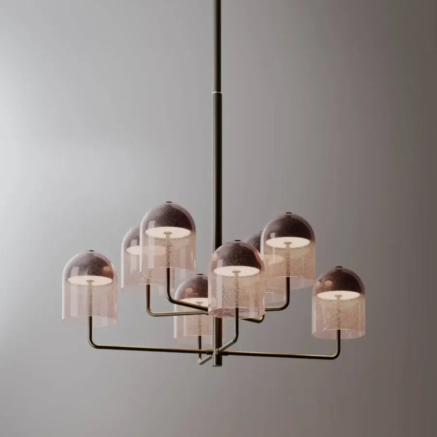Captivating VENICEM Doma chandelier crafted in Italy with dark matte finish and eight bell-shaped Murano glass shades emitting warm downlight