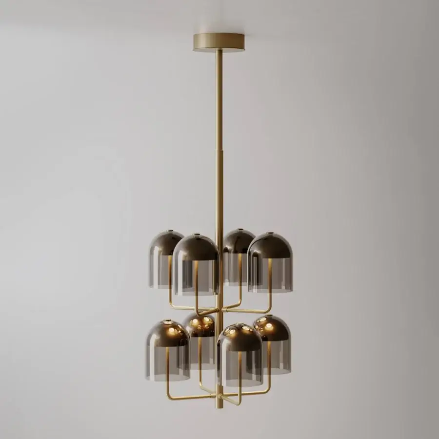 Superior VENICEM Doma chandelier crafted with gradient brown Murano glass shades and satin gold tubular metal finish