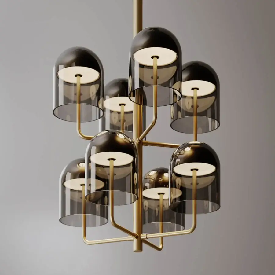 Distinguished VENICEM Doma chandelier crafted in Italy with smoky amber Murano glass shades and satin brass-like tubular metal