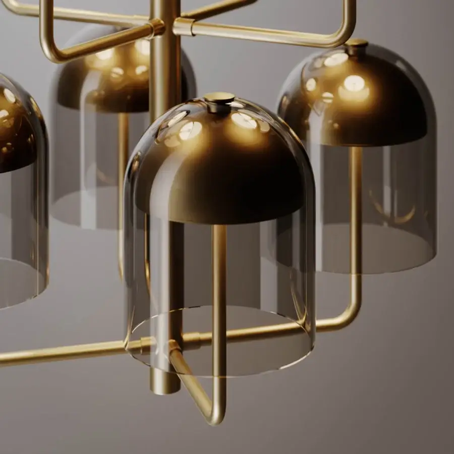 Exceptional VENICEM Doma chandelier crafted in Italy with tubular metal arms and delicate Murano glass shades in warm gold finish