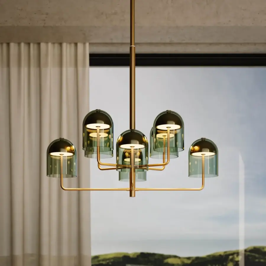 Elegant VENICEM Doma chandelier crafted in Italy with satin brass-toned metal and gradient green Murano glass shades