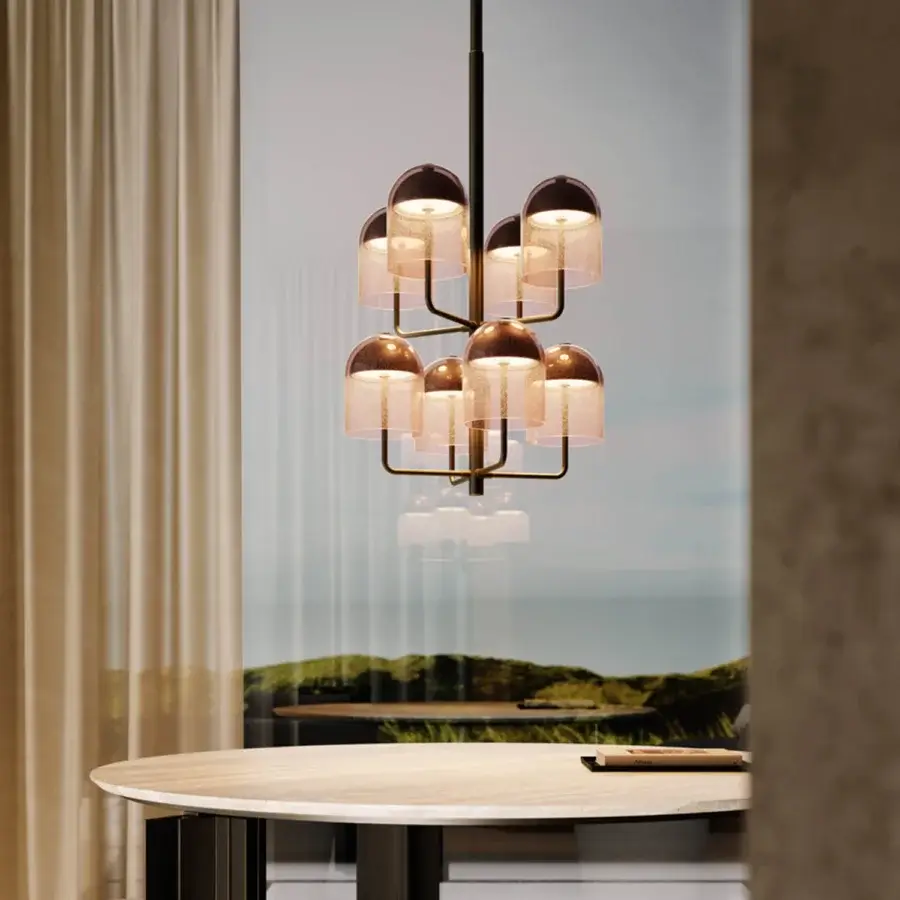 Distinguished VENICEM Doma chandelier crafted in tubular metal with delicate ribbed Murano glass shades and a dark matte finish