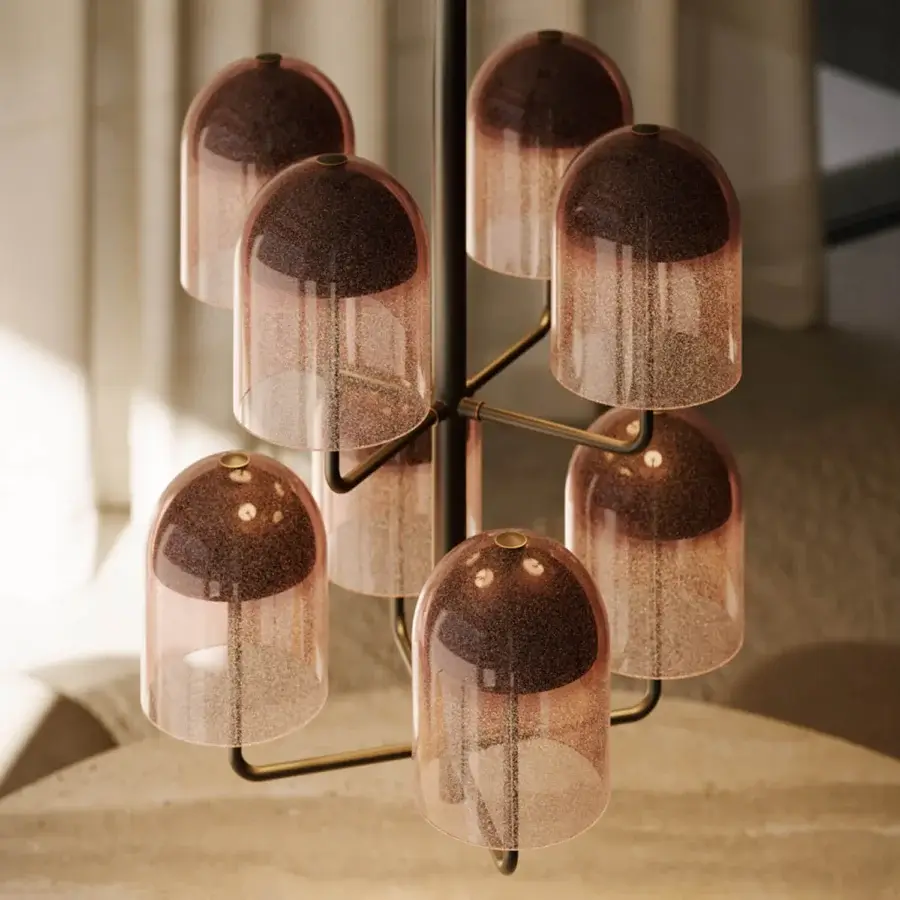 Exceptional VENICEM Doma chandelier crafted in dark-toned metal with eight hand-blown Murano glass shades exhibiting a warm reddish-brown to amber gradient